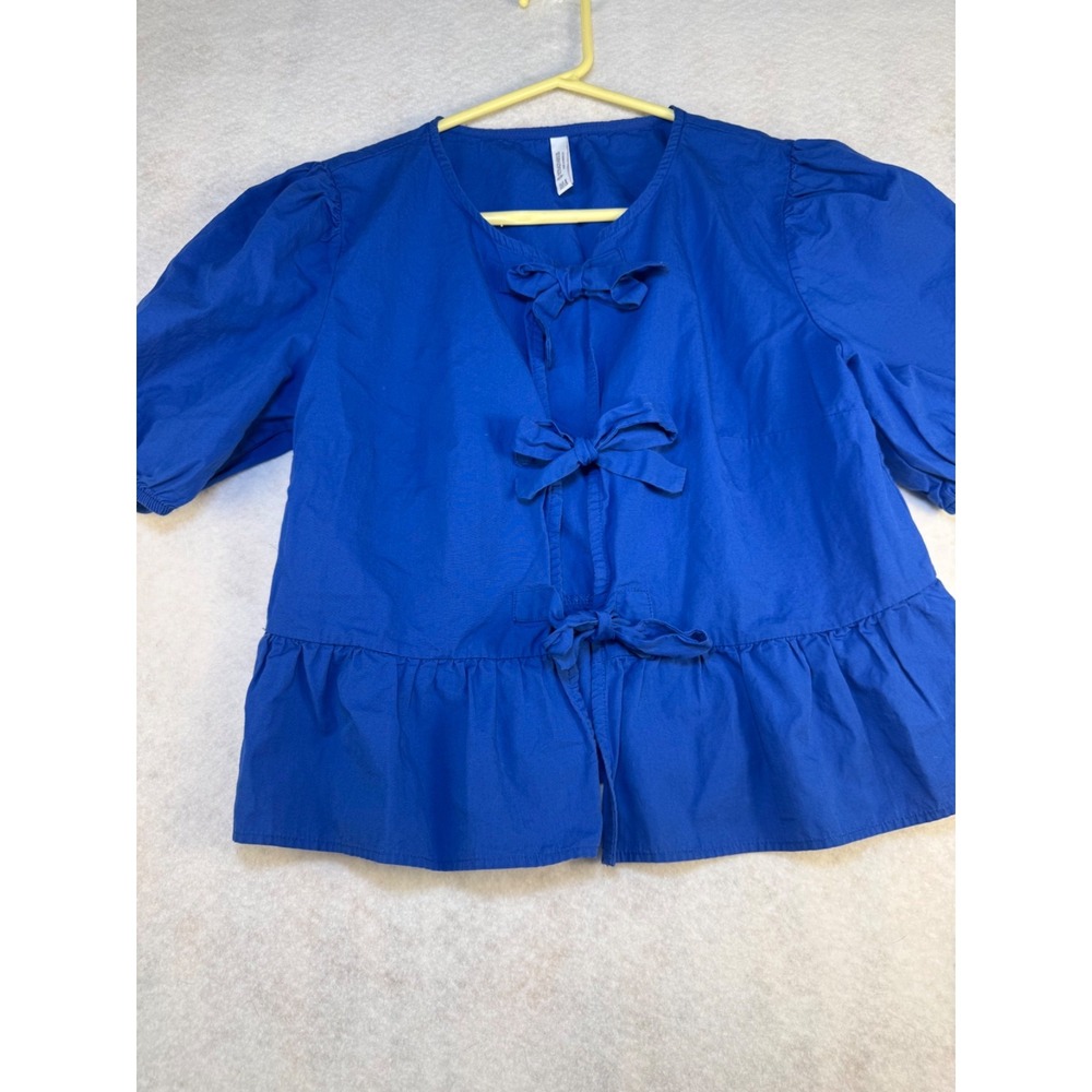 Stradivarius Bow Tie Peplum Blouse Womens M Blue Short Sleeve Cottagecore